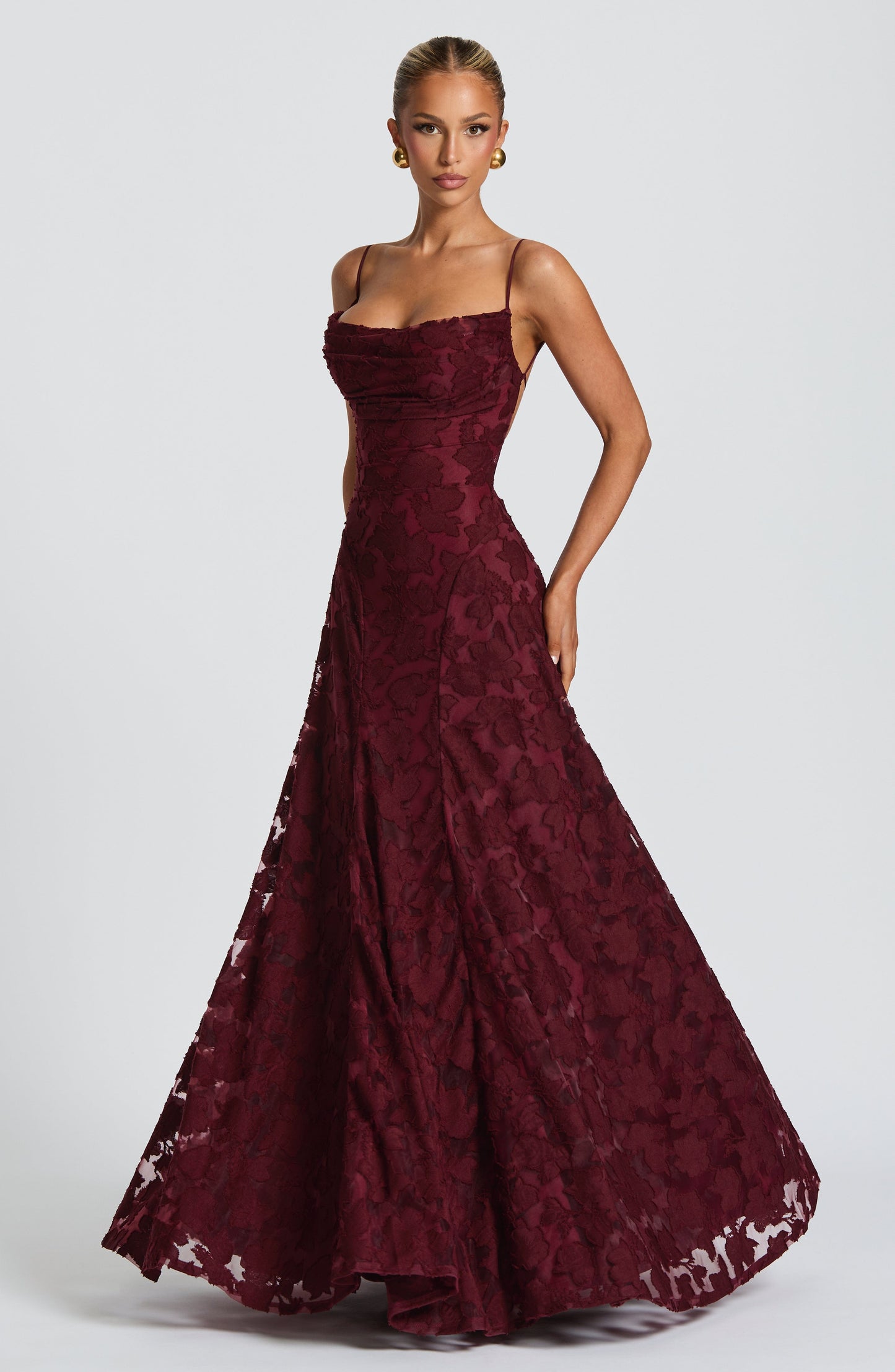 Abito lungo floreale donna con collo drappeggiato e schiena con lacci - Fluido ed elegante