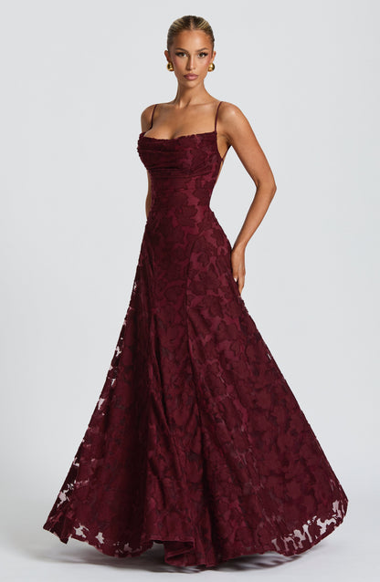 Abito lungo floreale donna con collo drappeggiato e schiena con lacci - Fluido ed elegante
