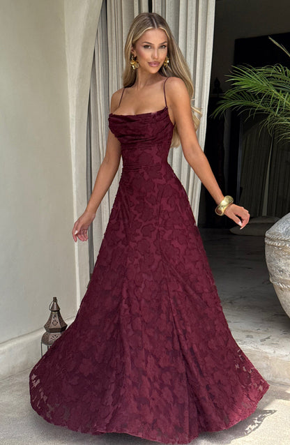 Abito lungo floreale donna con collo drappeggiato e schiena con lacci - Fluido ed elegante