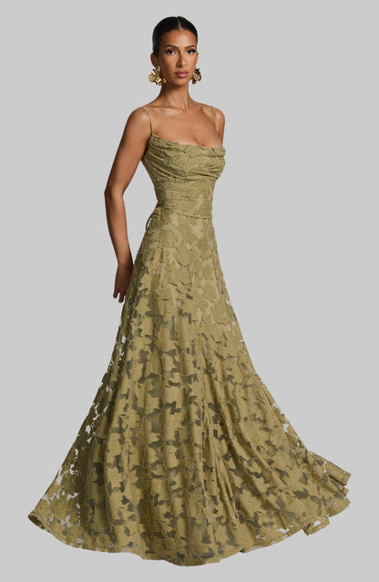 Abito lungo floreale donna con collo drappeggiato e schiena con lacci - Fluido ed elegante