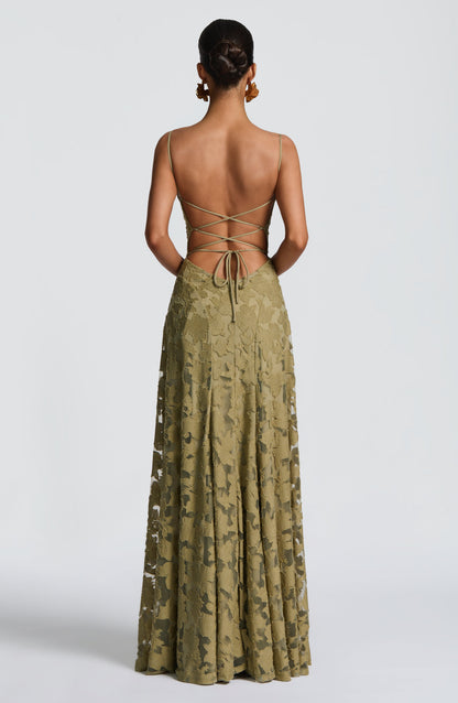 Abito lungo floreale donna con collo drappeggiato e schiena con lacci - Fluido ed elegante