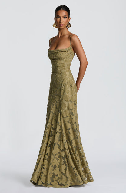 Abito lungo floreale donna con collo drappeggiato e schiena con lacci - Fluido ed elegante
