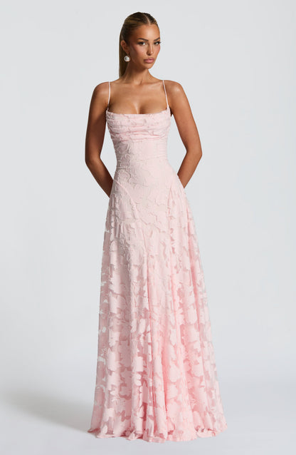 Abito lungo floreale donna con collo drappeggiato e schiena con lacci - Fluido ed elegante