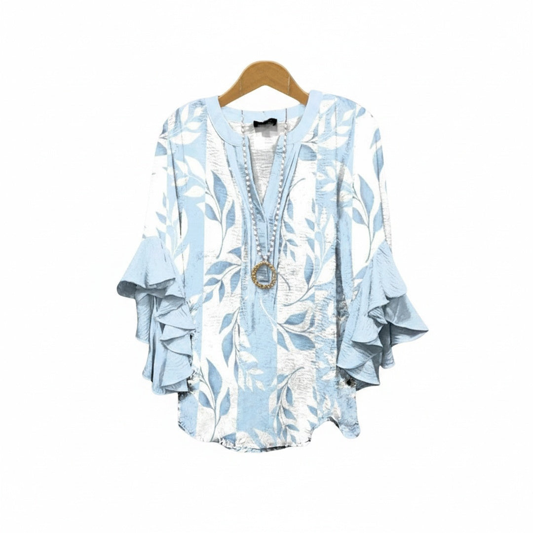 Women's Floral V-Neck Blouse with Ruffled Sleeves - Light and Romantic