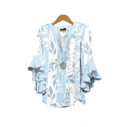 Women's Floral V-Neck Blouse with Ruffled Sleeves - Light and Romantic