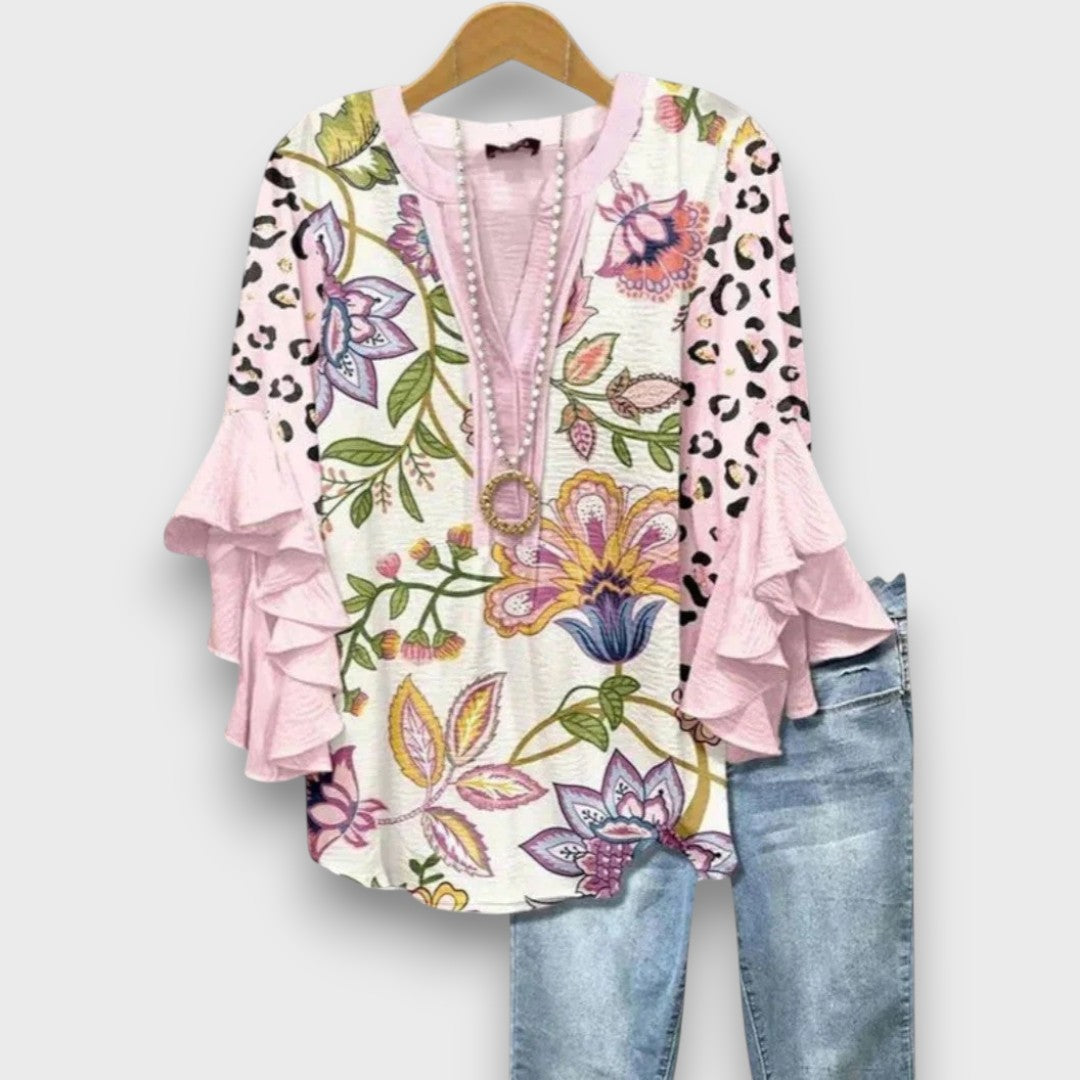 Women's Floral V-Neck Blouse with Ruffled Sleeves - Light and Romantic