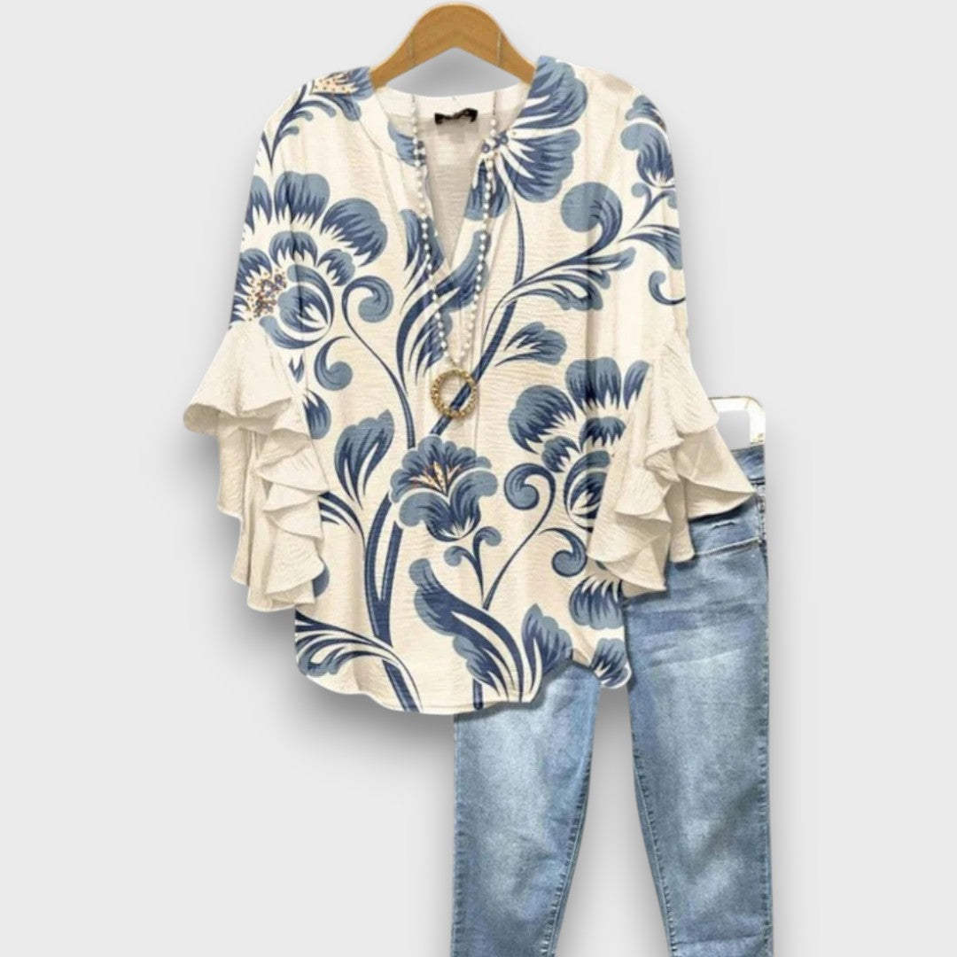 Women's Floral V-Neck Blouse with Ruffled Sleeves - Light and Romantic