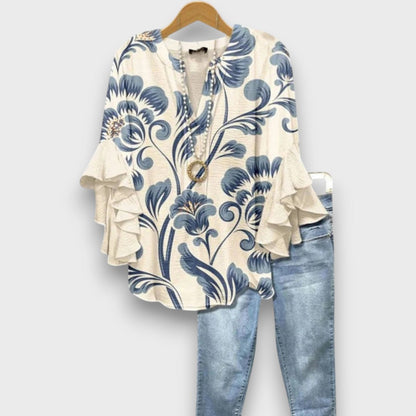 Women's Floral V-Neck Blouse with Ruffled Sleeves - Light and Romantic