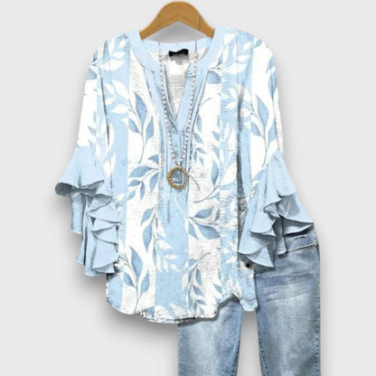 Women's Floral V-Neck Blouse with Ruffled Sleeves - Light and Romantic