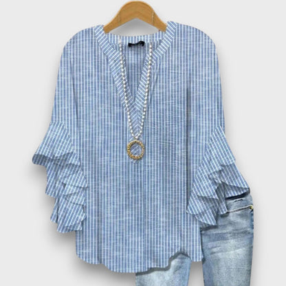 Women's Floral V-Neck Blouse with Ruffled Sleeves - Light and Romantic