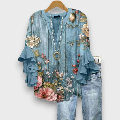 Women's Floral V-Neck Blouse with Ruffled Sleeves - Light and Romantic