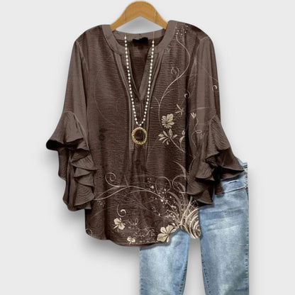 Women's Floral V-Neck Blouse with Ruffled Sleeves - Light and Romantic