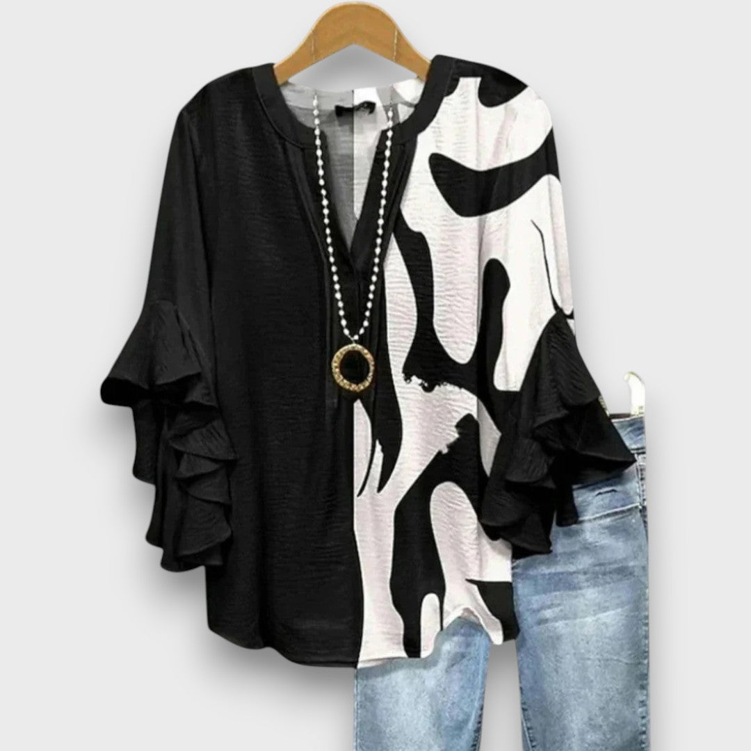 Women's Floral V-Neck Blouse with Ruffled Sleeves - Light and Romantic