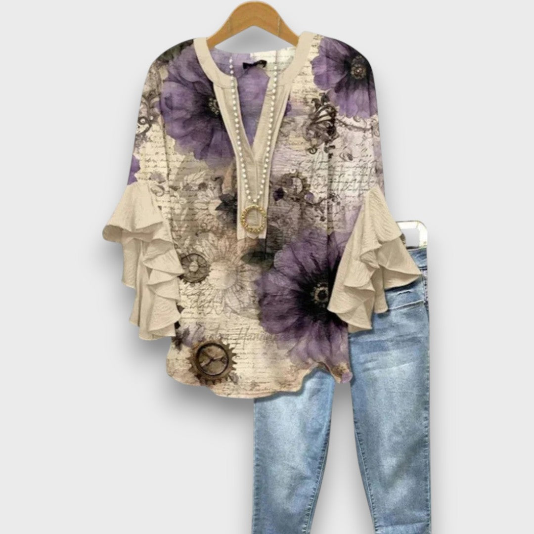 Women's Floral V-Neck Blouse with Ruffled Sleeves - Light and Romantic