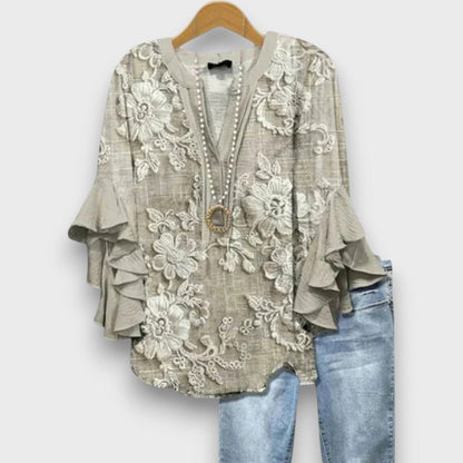 Women's Floral V-Neck Blouse with Ruffled Sleeves - Light and Romantic