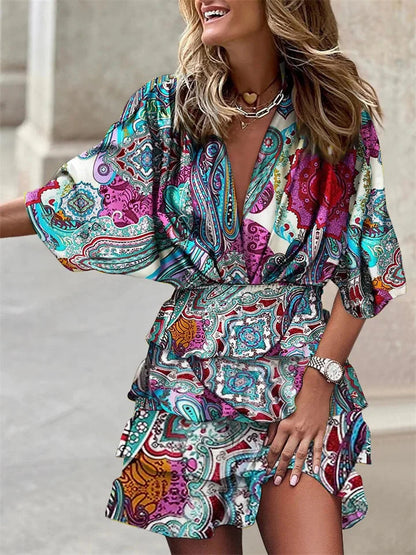 Robe femme d'ete manches courtes col V a volants - Legere et flatteuse