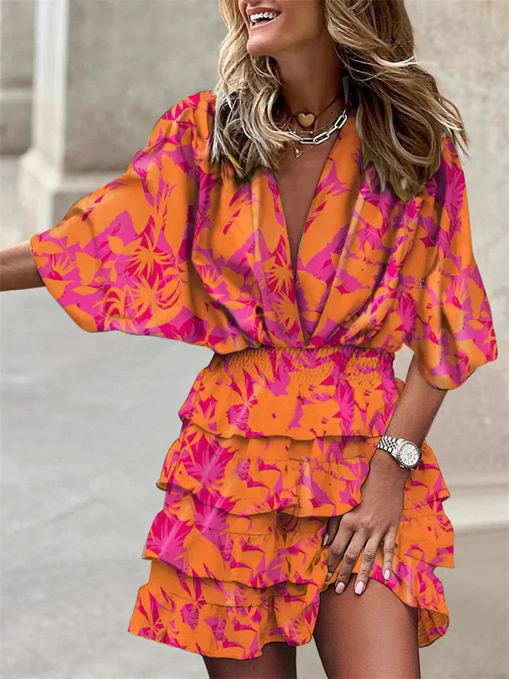 Robe femme d'ete manches courtes col V a volants - Legere et flatteuse