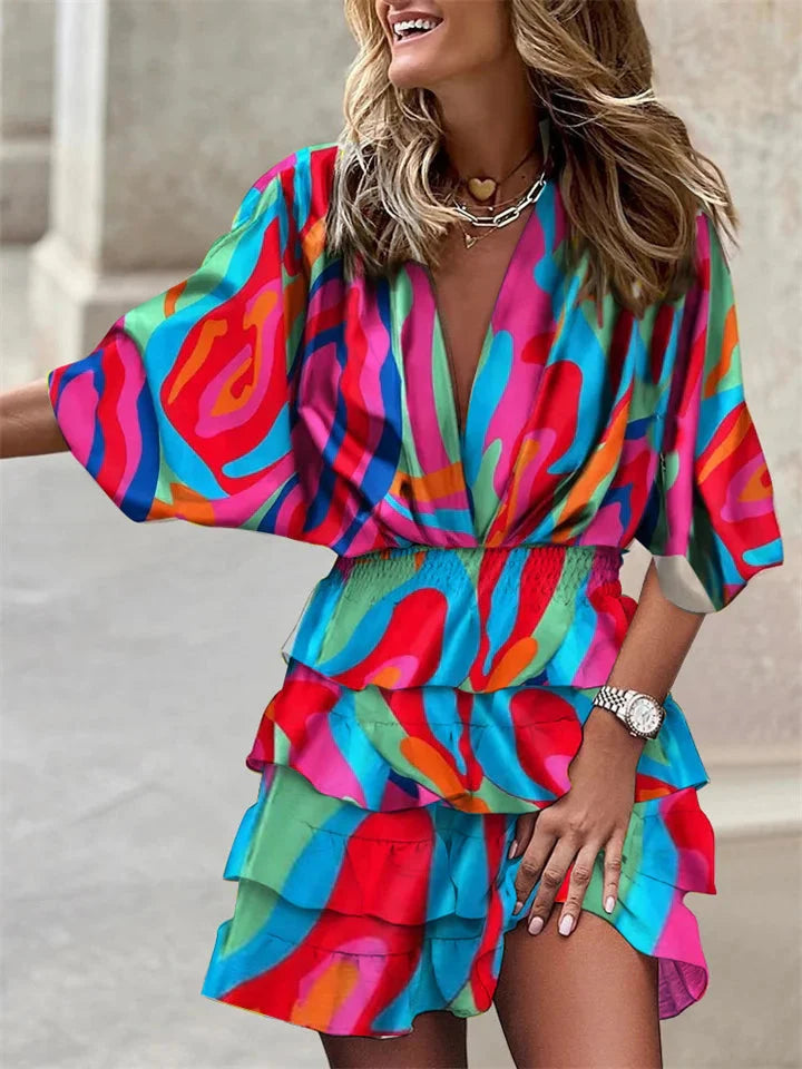 Robe femme d'ete manches courtes col V a volants - Legere et flatteuse