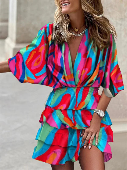 Robe femme d'ete manches courtes col V a volants - Legere et flatteuse