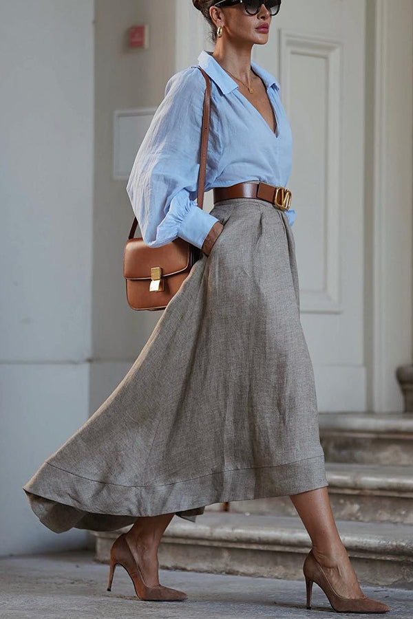 Jupe longue en lin mélangé pour femmes – Design asymétrique avec taille élastique et poches