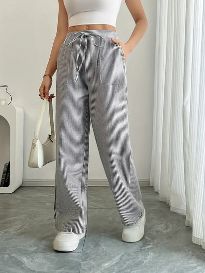 Pantalon large décontracté à rayures pour femme, élégant et décontracté – Pantalon d'été léger et respirant avec poches