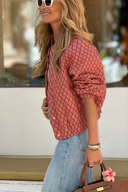 Veste Rouge Vintage Imprimée Femme – Style Décontracté Léger à Boutons