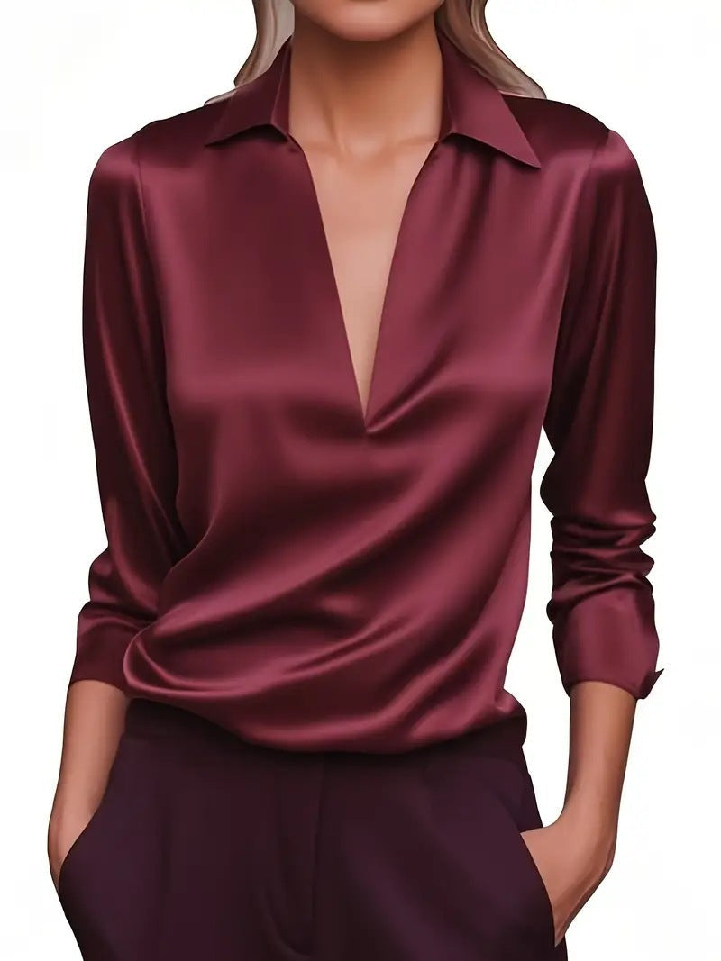 Blouse Femme Stylée Aspect Satin – Haut Décontracté Polyvalent à Col V