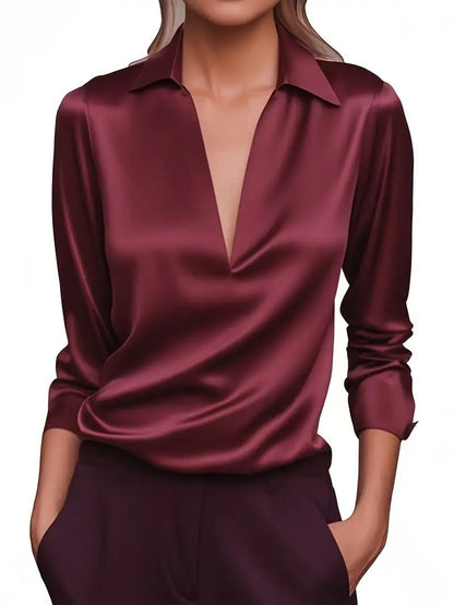 Blouse Femme Stylée Aspect Satin – Haut Décontracté Polyvalent à Col V