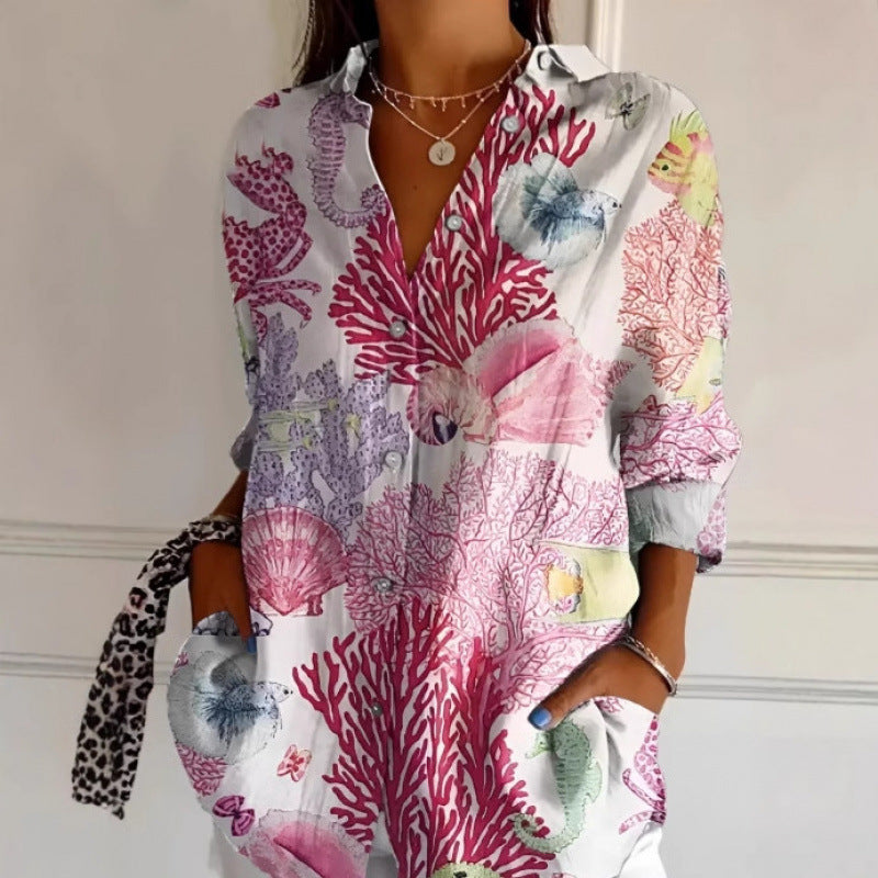 Chemise Femme à Imprimé Floral Coloré – Haut Boutonné Décontracté à Manches Longues