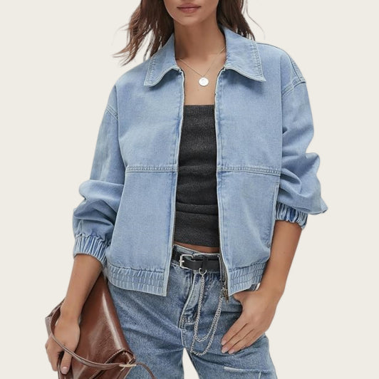 Veste courte en jean style retro avec zip et revers