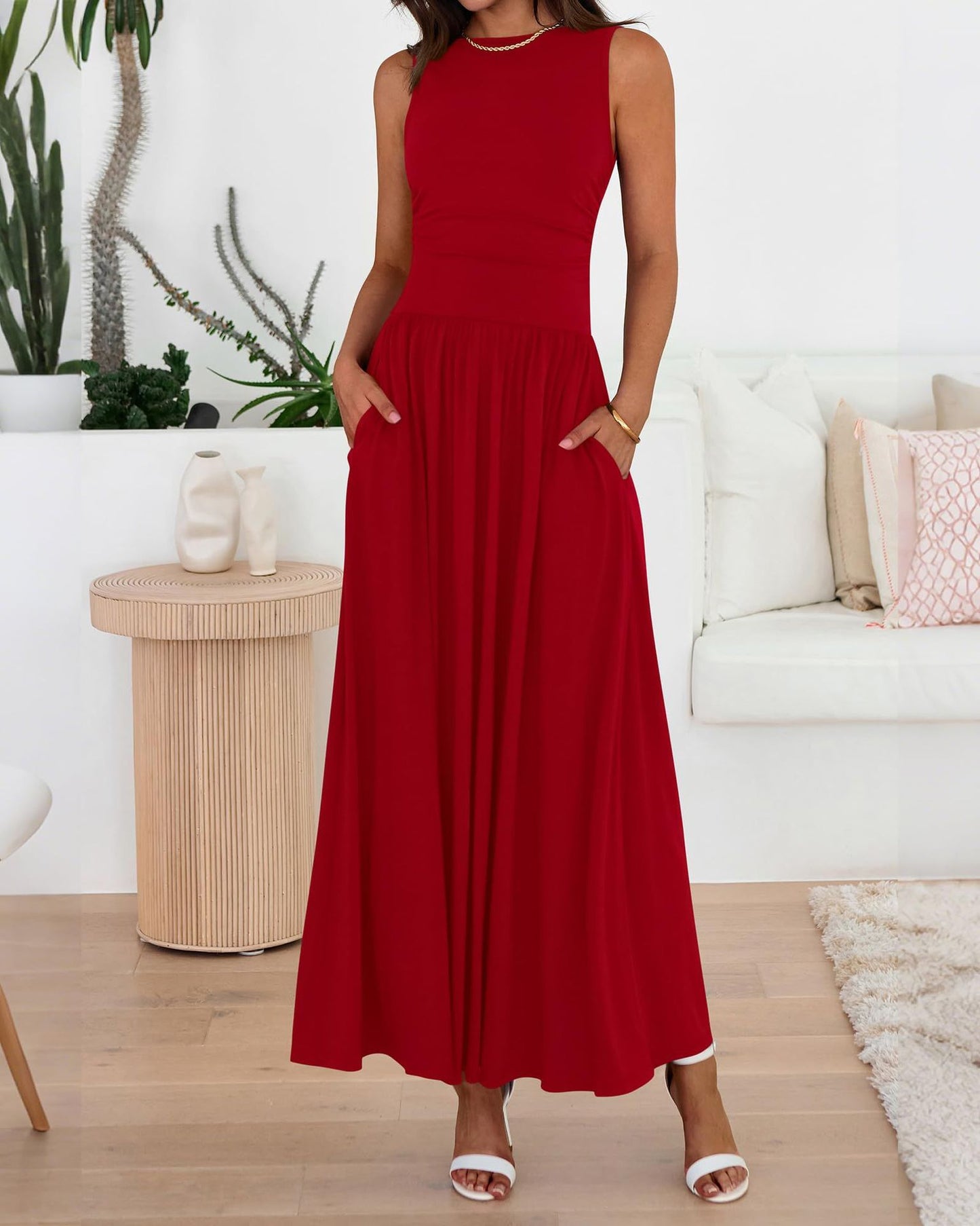 Vestido largo fluido para mujer con bolsillos