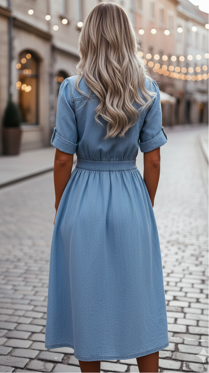 Robe midi en denim bleu élégante pour femmes – Tenue chemise ceinturée