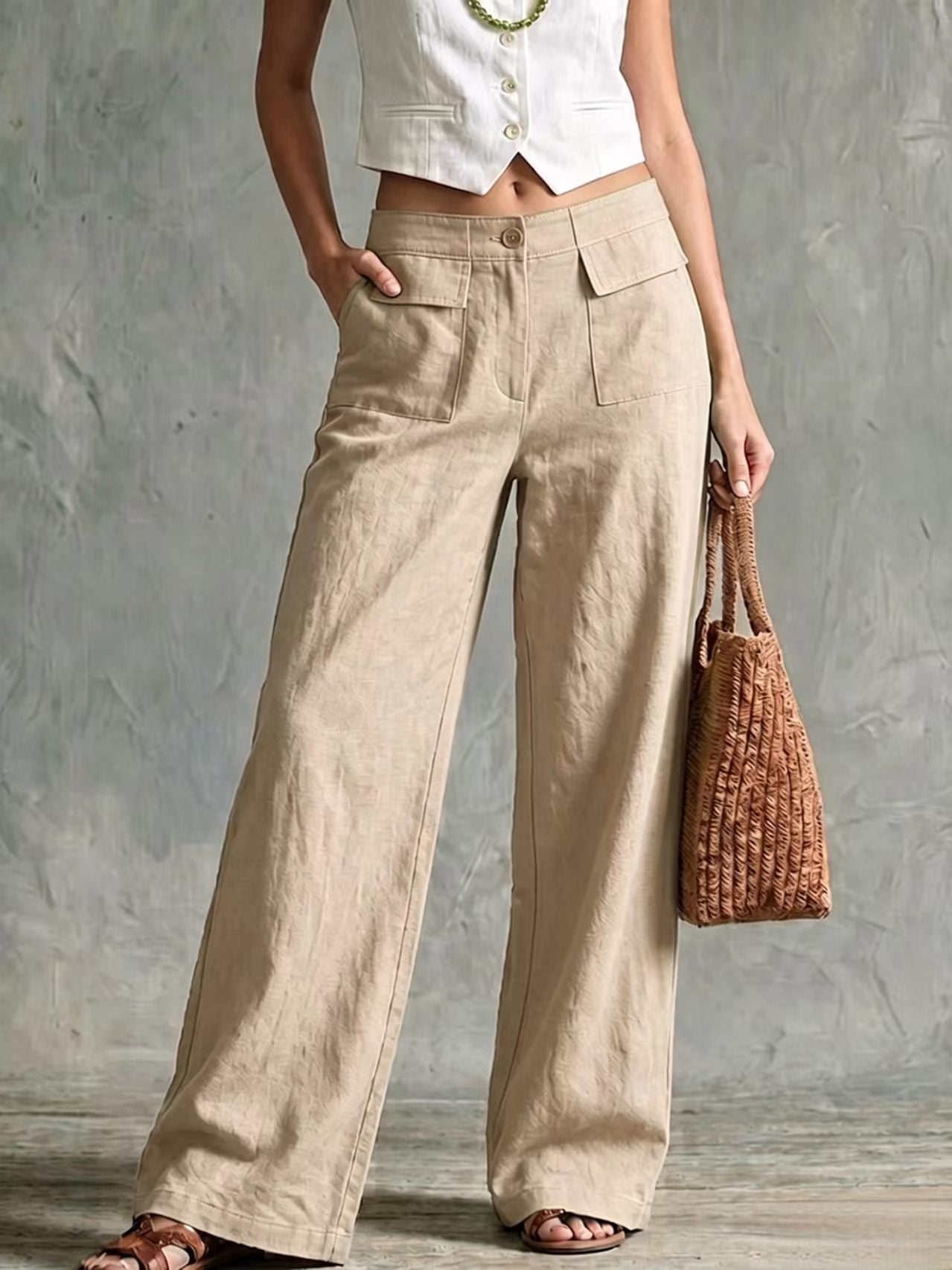 Pantalon femme uni ample a taille elastique decontractee