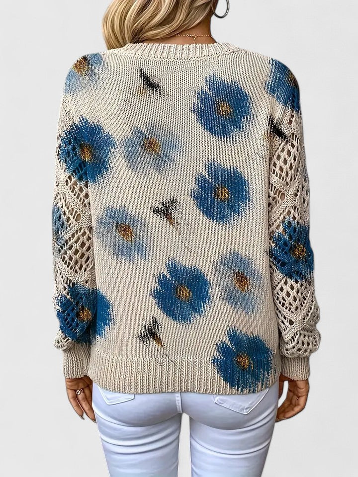 Pull Femme à Col V Tricoté à Fleurs – Pull Moderne Élégant