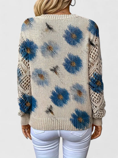 Pull Femme à Col V Tricoté à Fleurs – Pull Moderne Élégant