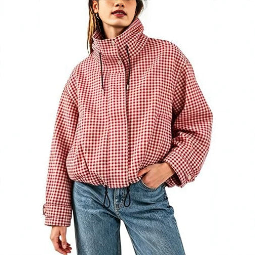 Veste femme à carreaux, col montant et fermeture zippée – Style décontracté chic et court