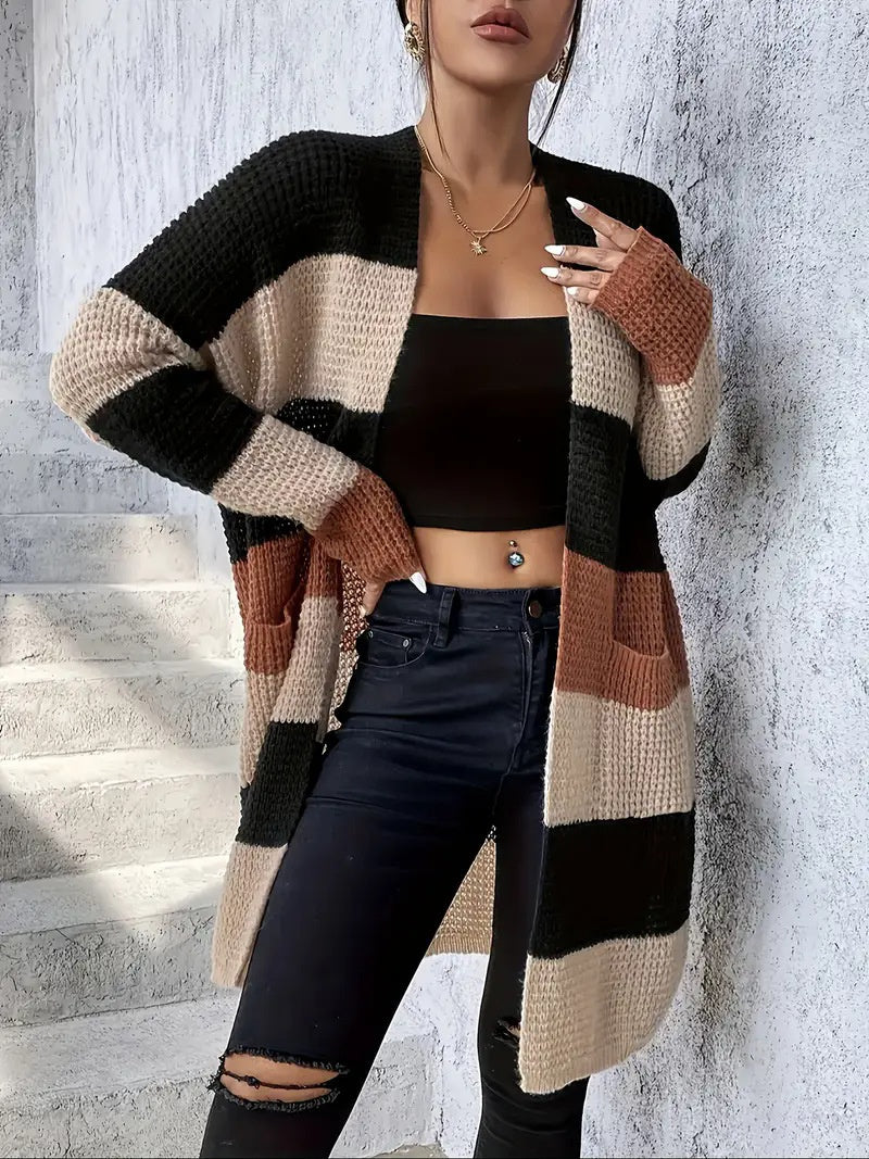 Cardigan à manches longues rayé et ample pour femme – Un style décontracté et confortable, disponible en trois couleurs