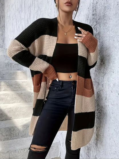 Cardigan à manches longues rayé et ample pour femme – Un style décontracté et confortable, disponible en trois couleurs