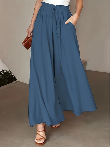 Pantalon Femme Jambe Large - Couleur Unie Élégante, Tissu Polyester Lisse Tissé - Décontracté Chic Toutes Saisons | Taille Micro-Élastique | Coupe Longue et Ample