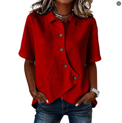 Camicia da donna tinta unita con chiusura asimmetrica e maniche corte