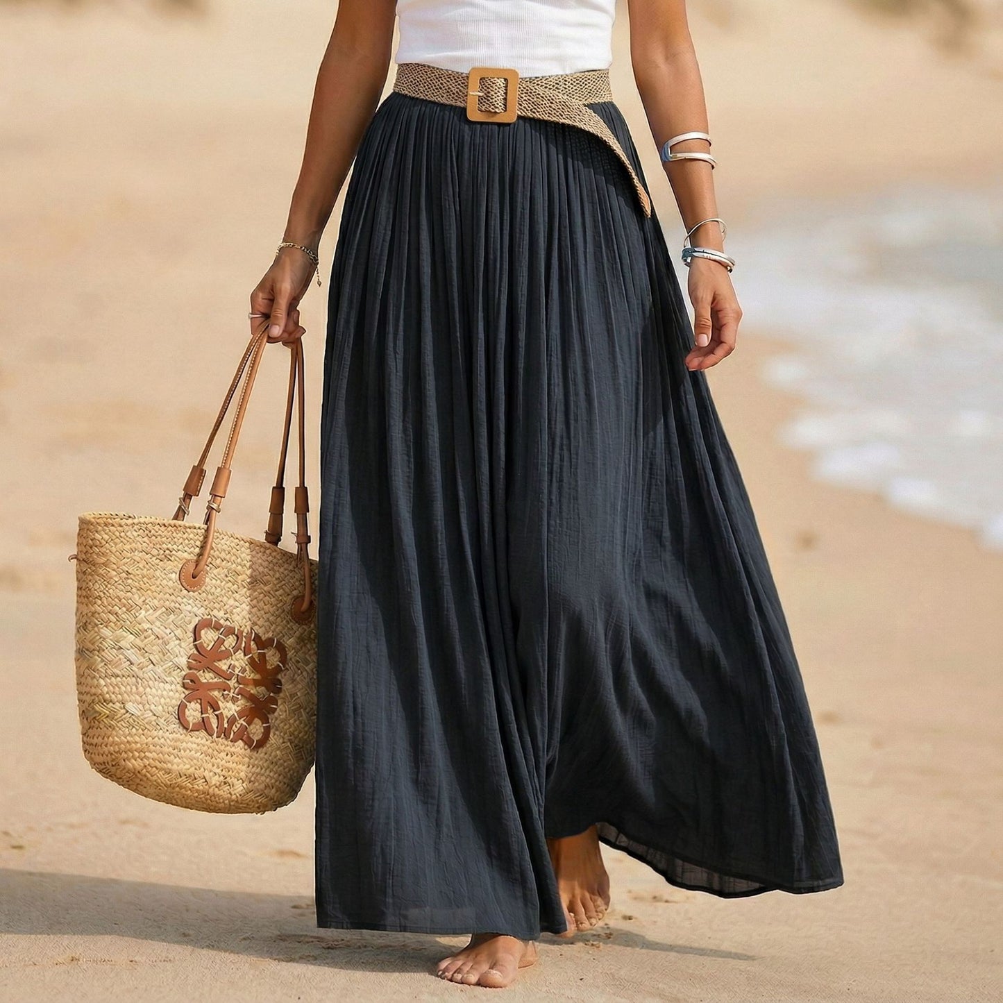 Abito maxi donna svasato con vita morbida stile spiaggia