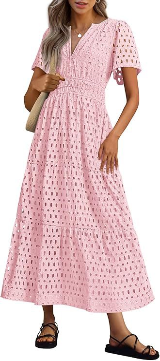 Robe Longue Fluide de Vacances à la Plage pour Femme – Style Col en V à Manches Courtes Eyelet