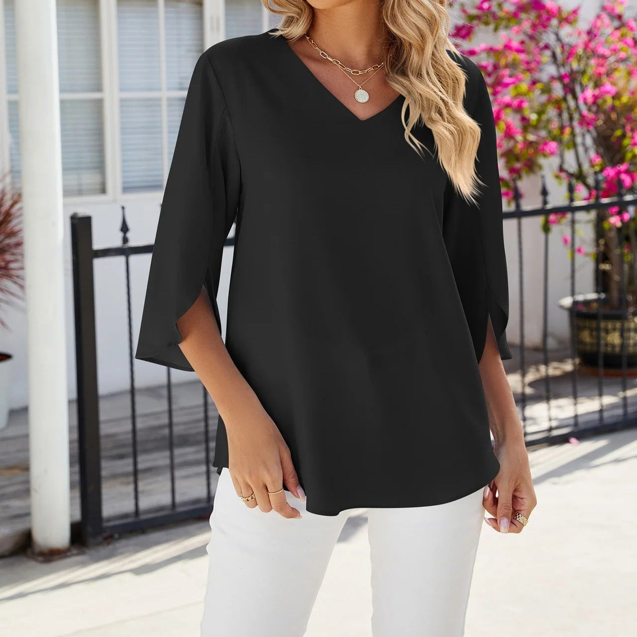 Blouse Femme en Chiffon à Col en V – Manches 3/4, Top Léger Décontracté