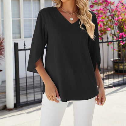 Blouse Femme en Chiffon à Col en V – Manches 3/4, Top Léger Décontracté