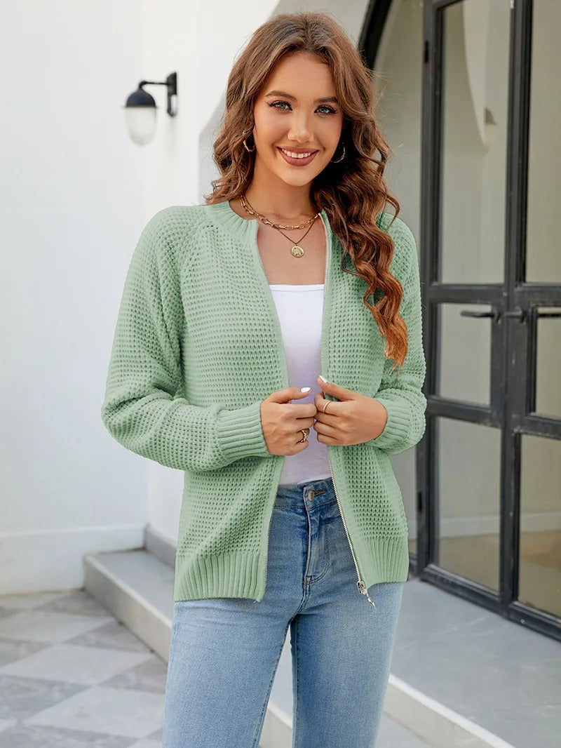 Women's solid-color zip-up long-sleeve cardigan - Simple and comfortable