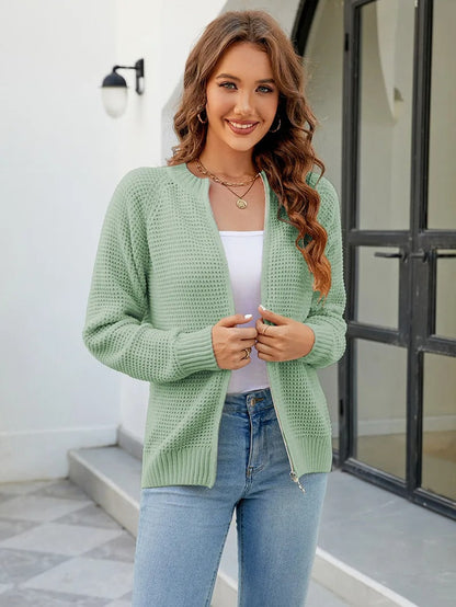 Women's solid-color zip-up long-sleeve cardigan - Simple and comfortable