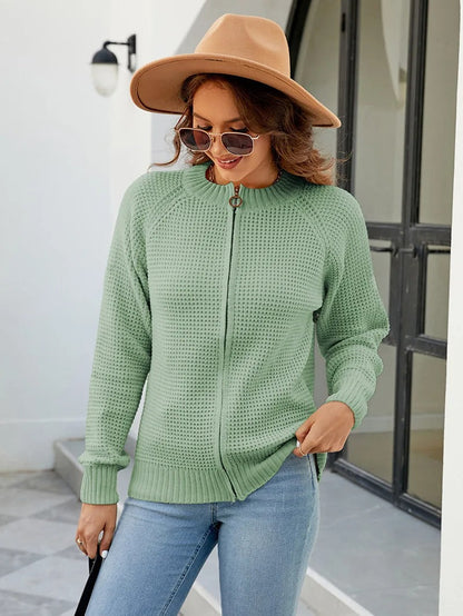 Women's solid-color zip-up long-sleeve cardigan - Simple and comfortable