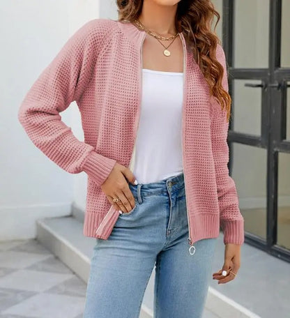 Women's solid-color zip-up long-sleeve cardigan - Simple and comfortable