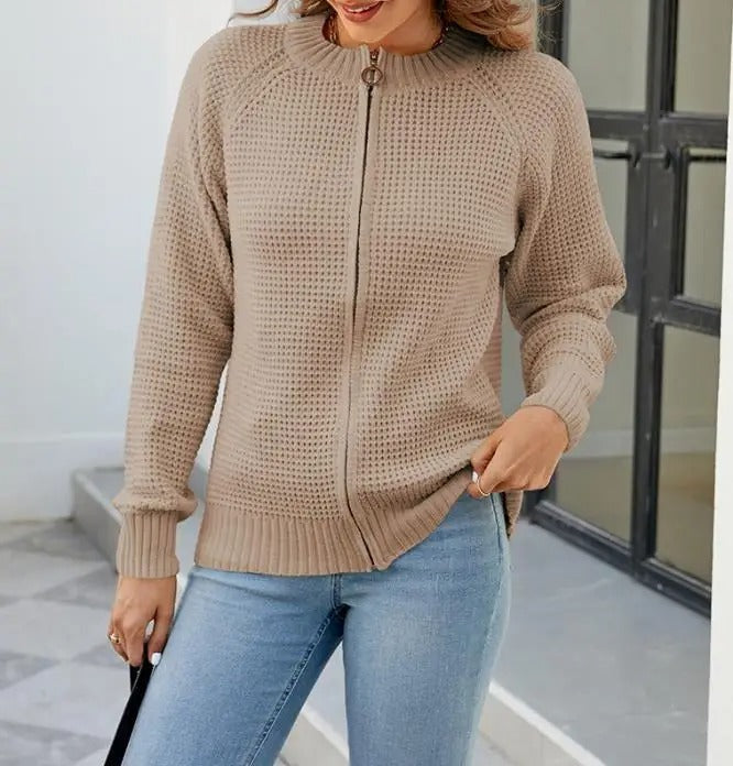 Women's solid-color zip-up long-sleeve cardigan - Simple and comfortable