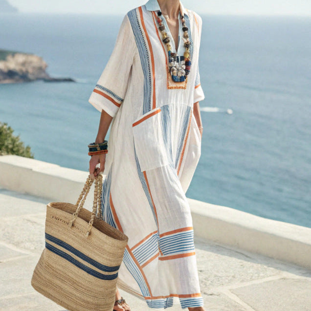 Women's long striped bohemian kaftan dress – white, blue, and orange, flowing summer style